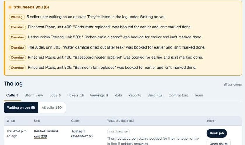 The rushproof Switchboard for a sample firm: a list of what still needs the office, and the call log below it.